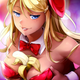 A character in the video game HuniePop wearing a bunny costume gives the player a lustful look.